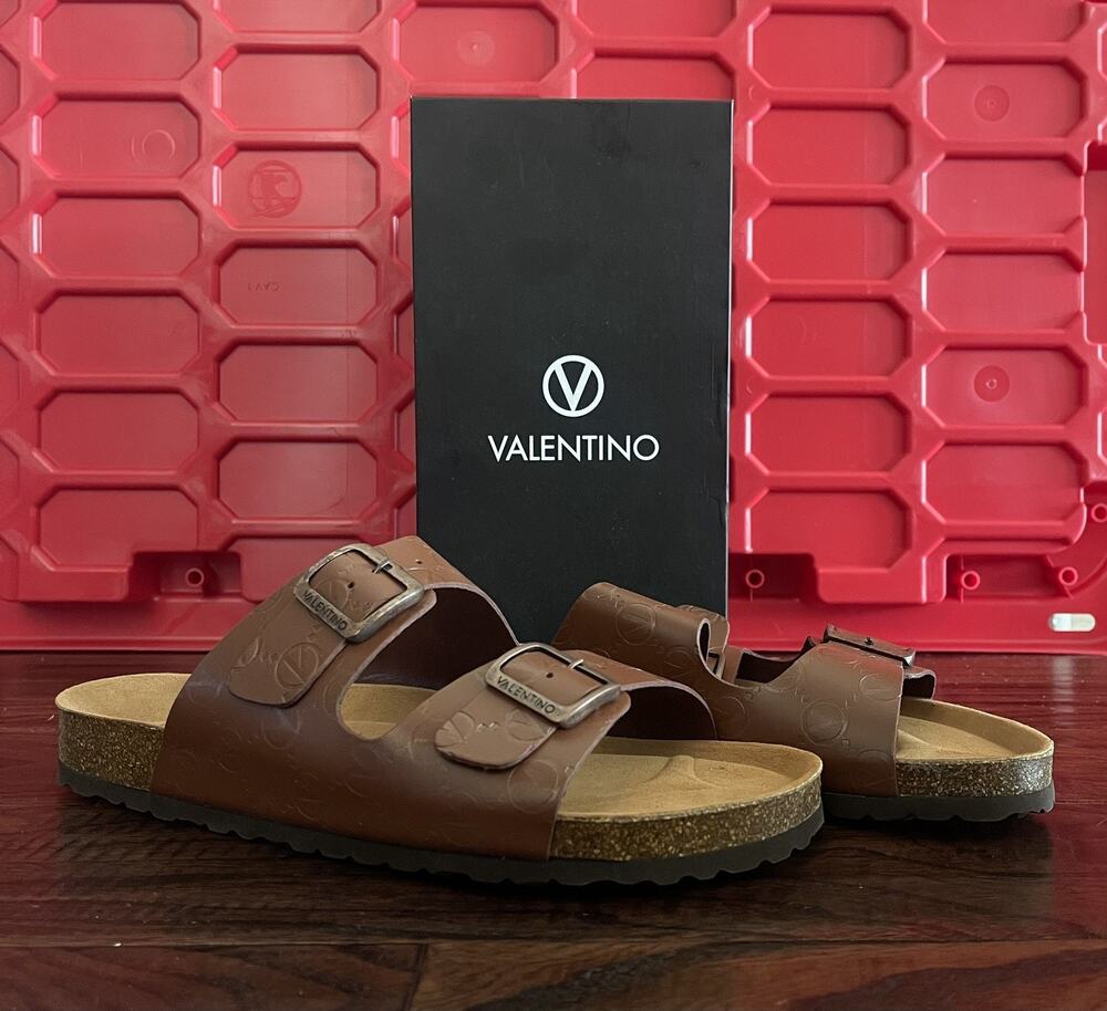 $595 NIB Valentino Brown Leather Logo Dual Buckle Sandals Shoes Size 45/12
